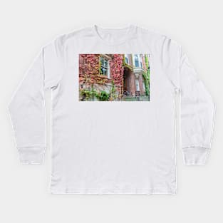 Victorian homes from street in Boston red brick exterior with Boston ivy in autumn colors Kids Long Sleeve T-Shirt